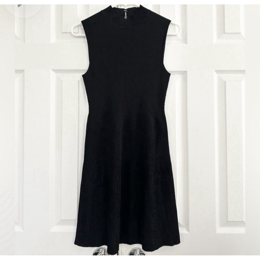 Theory Black Ribbed Knit Stretch Sleeveless Fit & Flare Dress Small Cutout Metal - Picture 11 of 16